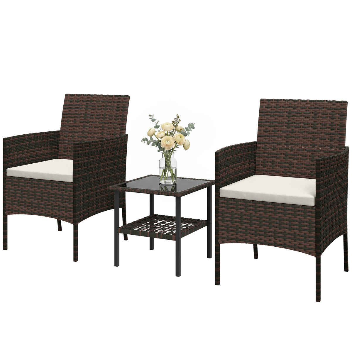 Wicker Bistro Set, 3 Piece Patio Furniture Set with 2-Tier Glass Top Table, Cushions for Balcony, Porch – Khaki – Beige