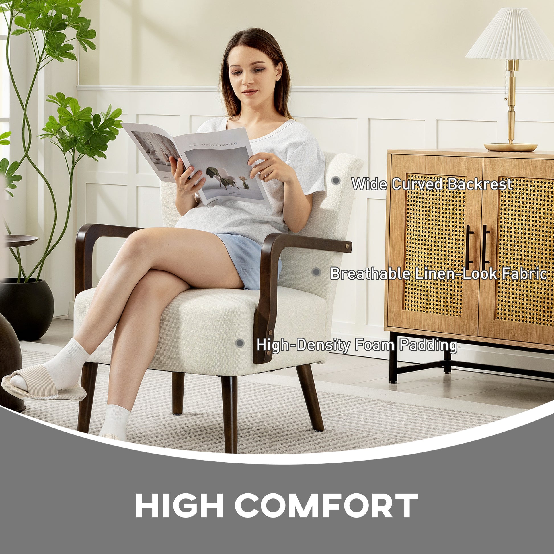 HOMCOM Cream White Linen Fabric Accent Chair, Wooden Legs, Thick Padded Comfort