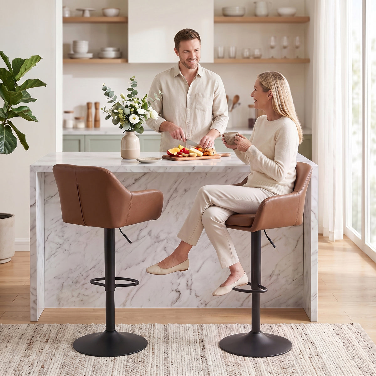 PU Leather Swivel Counter Stools with Arms and Backrest, Adjustable, Set of 2, Brown