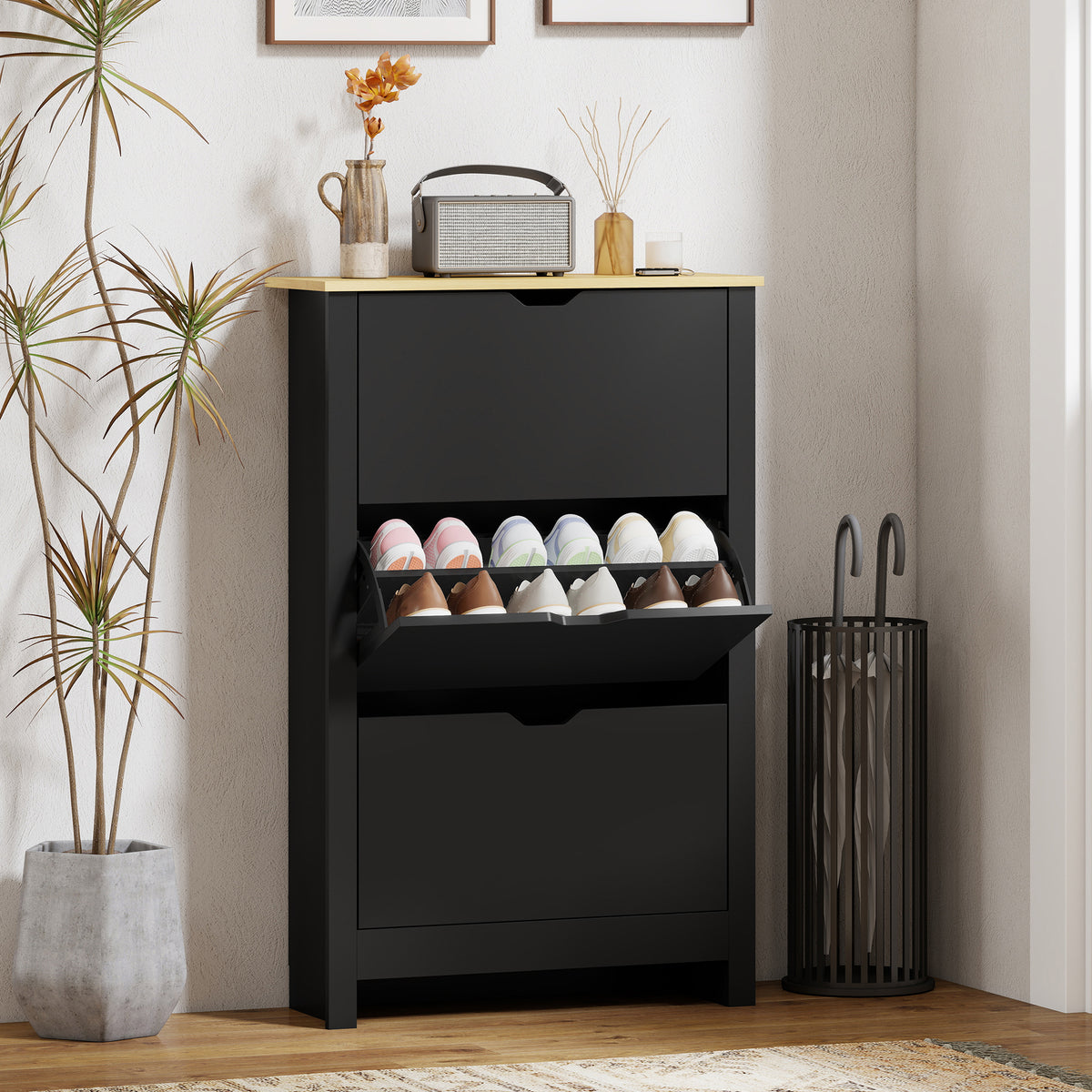 Shoe Storage Cabinet with 3 Flip Drawers – 28"W x 44"H