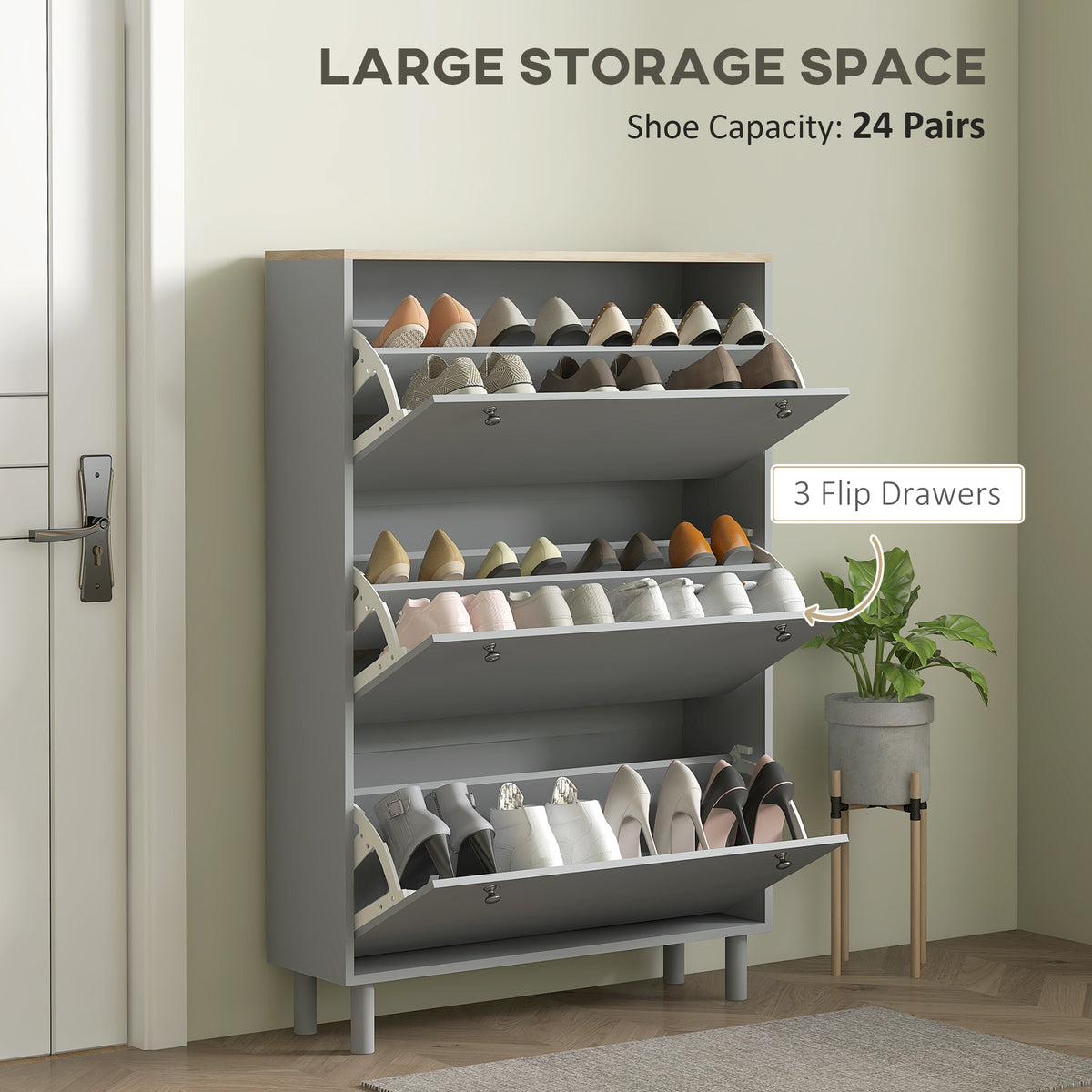 Modern Entryway Shoe Cabinet with 3 Flip Drawers – 32"W x 48"H