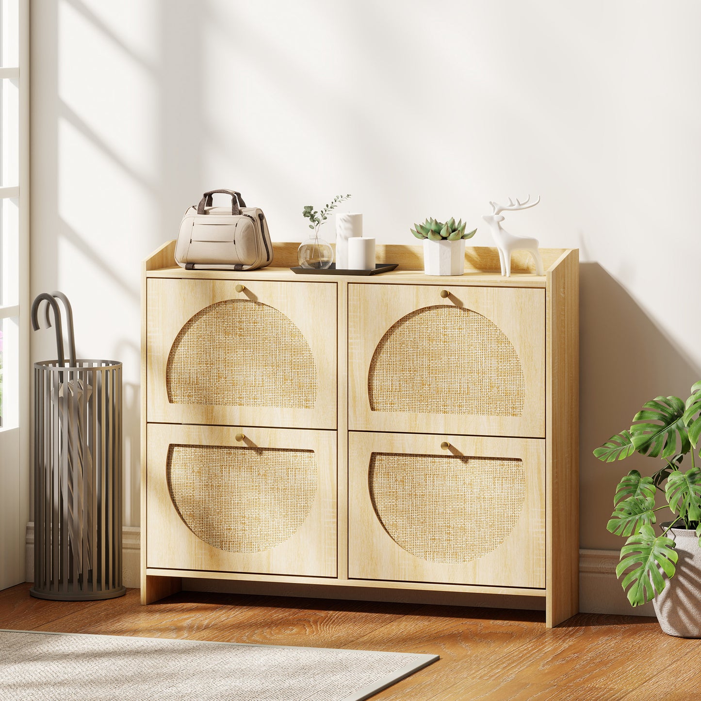 HOMCOM Natural Rattan 4-Flip Drawer Shoe Cabinet, Adjustable Shelves, Stores 16 Pairs