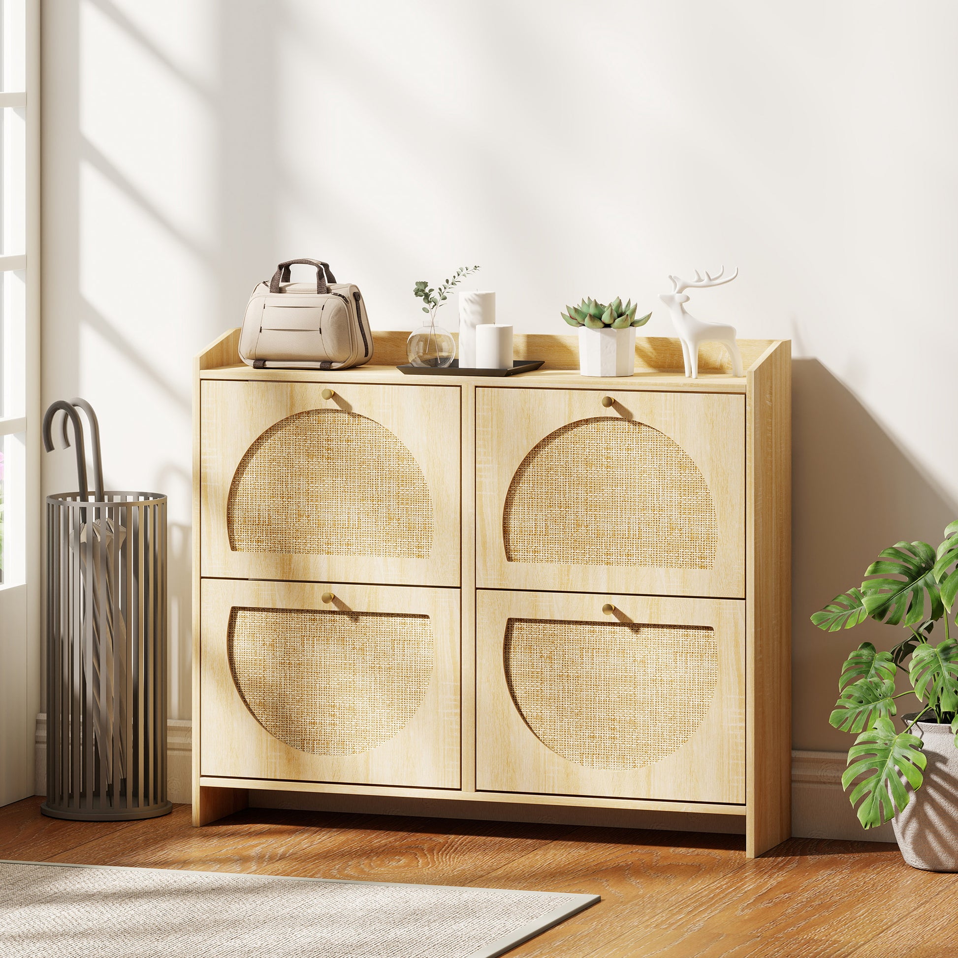 HOMCOM Natural Rattan 4-Flip Drawer Shoe Cabinet, Adjustable Shelves, Stores 16 Pairs