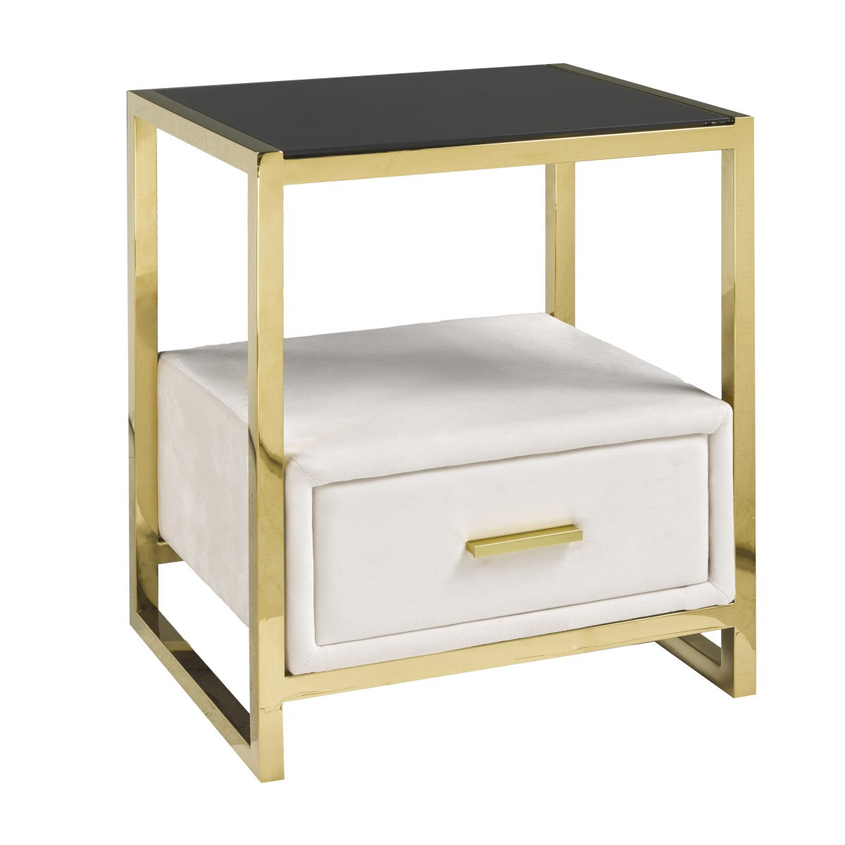Piper Modern Velvet Night Stand, Smoked Glass Top, Gold Accents