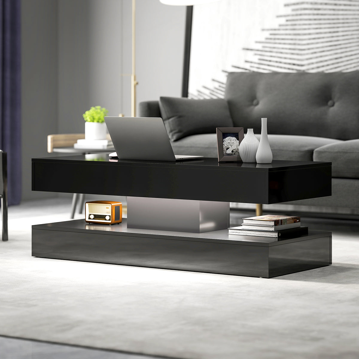 Coffee Table with Adjustable RGB LED Lights, 2 Drawers, Open Shelf and Remote