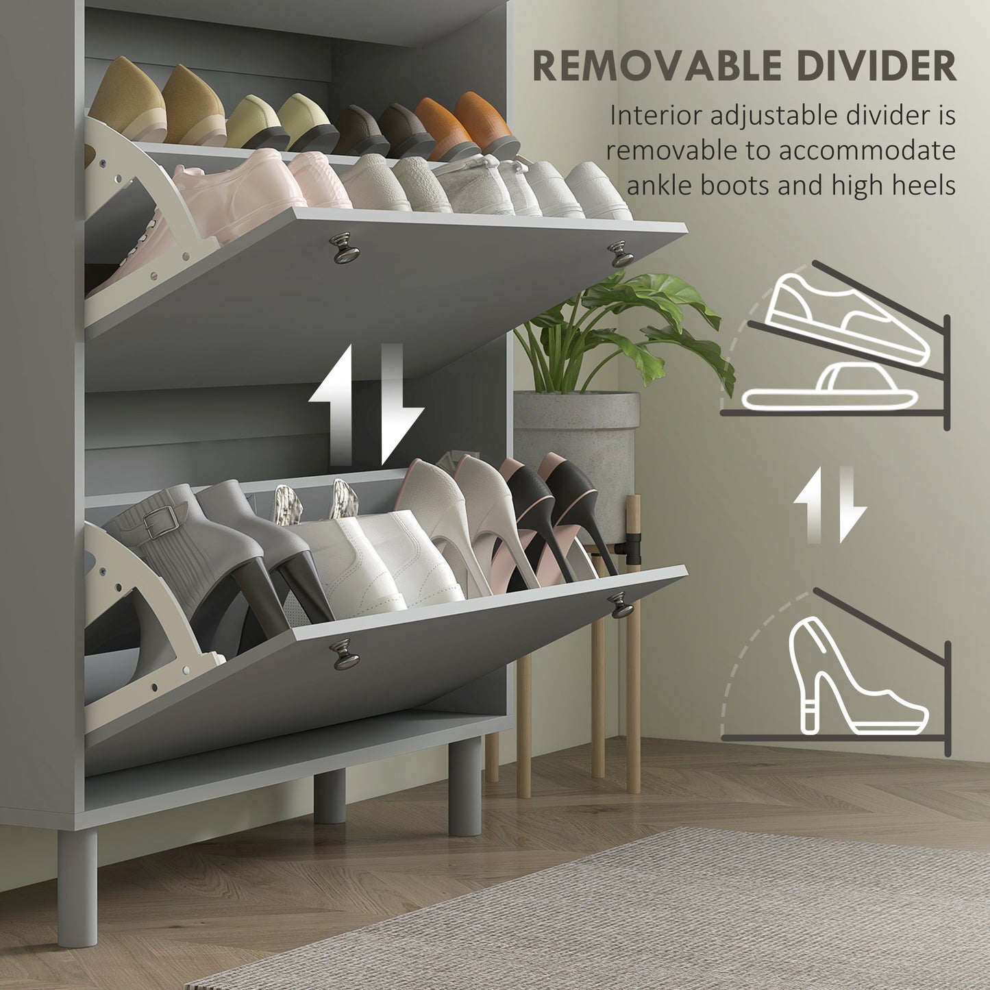 HOMCOM Modern Grey Entryway Shoe Storage Cabinet, 3 Flip Drawers, 24-Pair Capacity