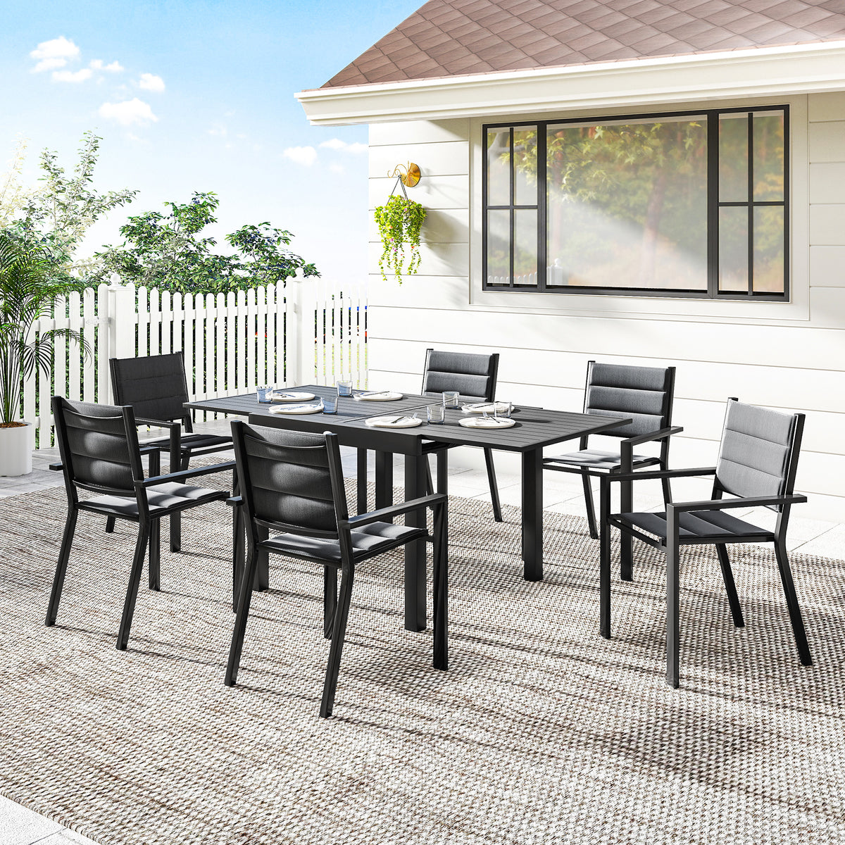 Patio Dining Set for 6, Aluminum Expandable Outdoor Table and 6 Stackable Chairs with Padded Back, Mesh Seat – Black