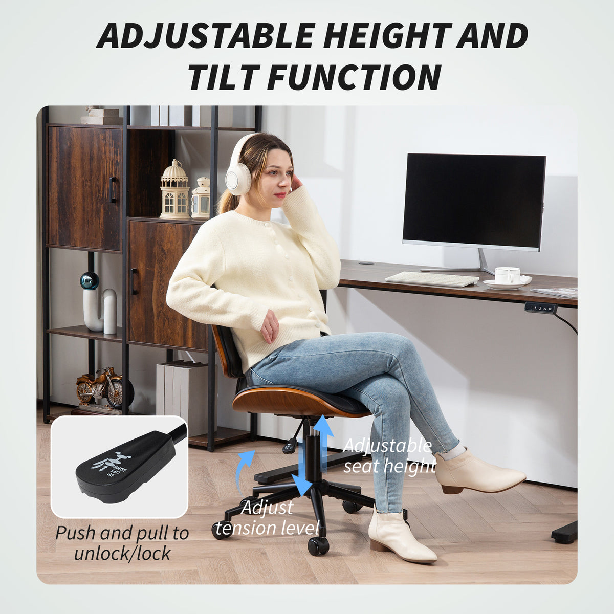 Office Chair No Arms with Wheels, PU Leather Desk Chair with Adjustable Height, Black