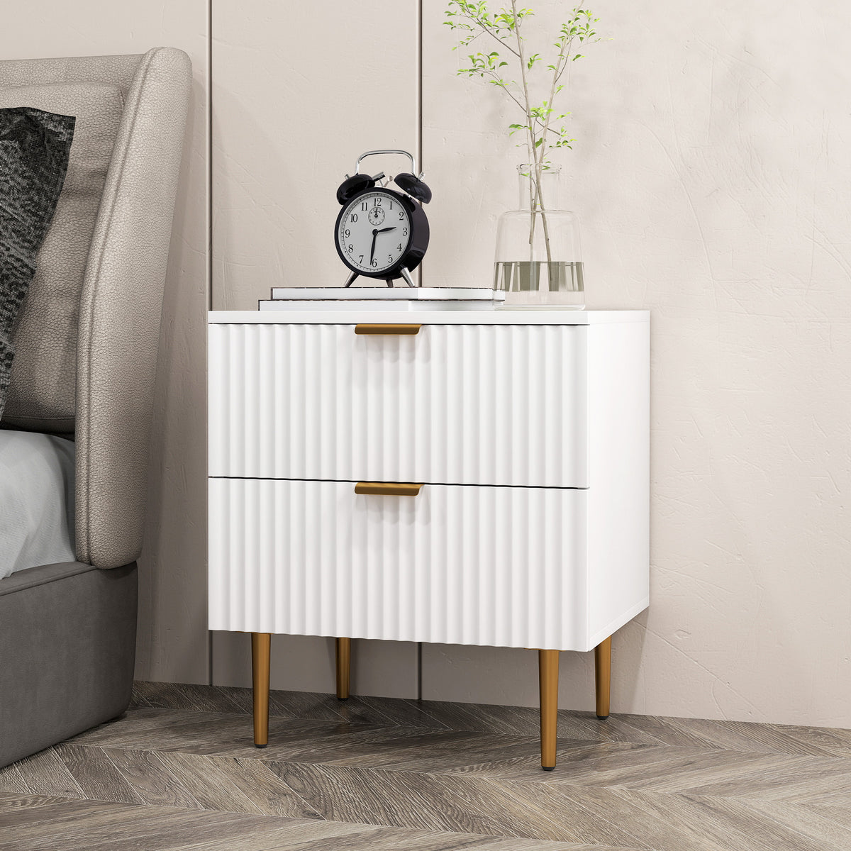Modern 2-Drawer Nightstand with Metal Legs – 19"W x 22"H