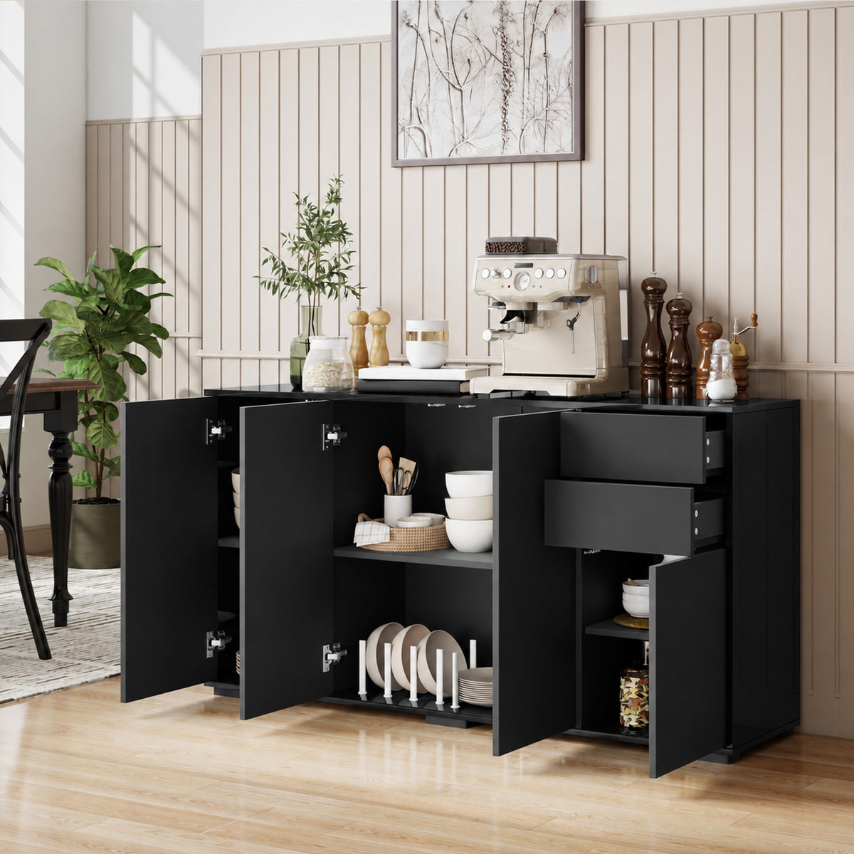 Modern Coffee Bar Cabinet with Push-Open Design and 2 Drawers – 55"W x 29"H