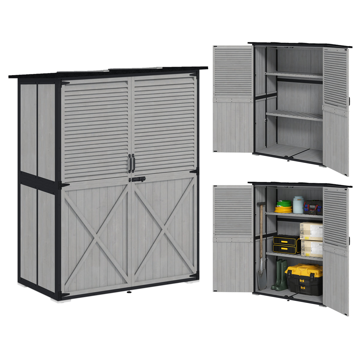 Outdoor Storage Cabinet, Wood Garden Shed with Steel Frame, Asphalt Roof, 2 Shelves and Lockable Doors