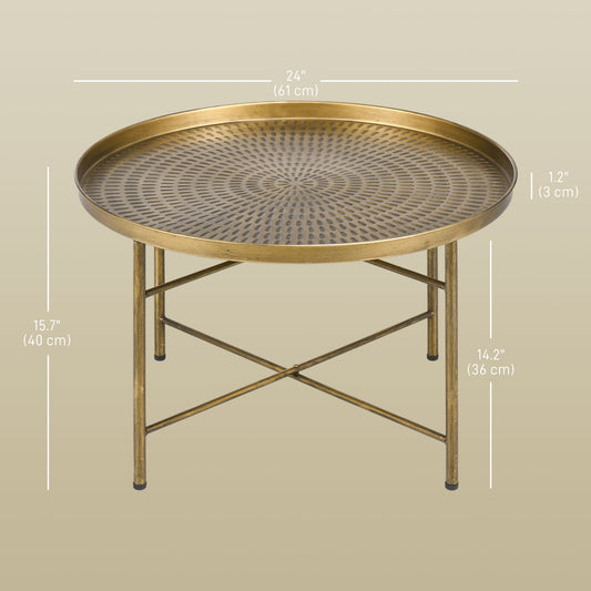 24" Round Vintage Coffee Table with Hammered Tray Top, Gold