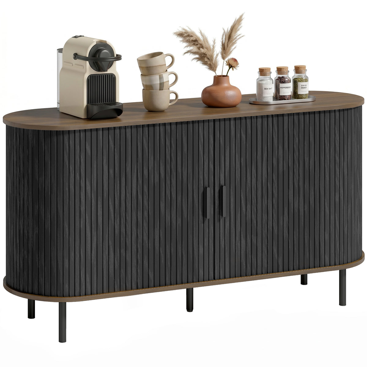 Mid Century Coffee Bar Cabinet with Sliding Doors and Adjustable Shelves – 55"W x 30"H