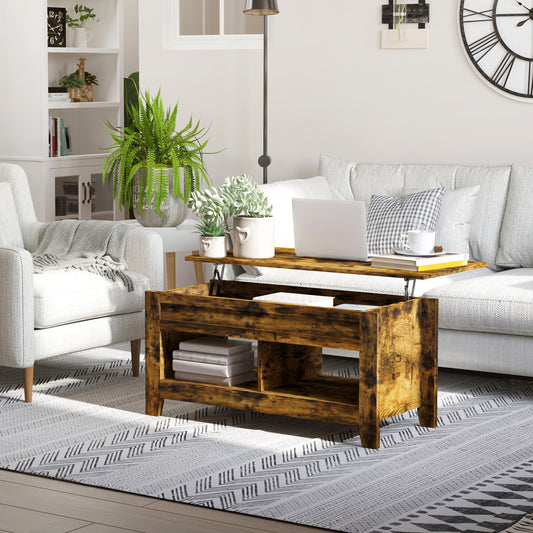 Modern Lift-Top Coffee Table with Hidden Storage & Open Shelves, Rustic Brown