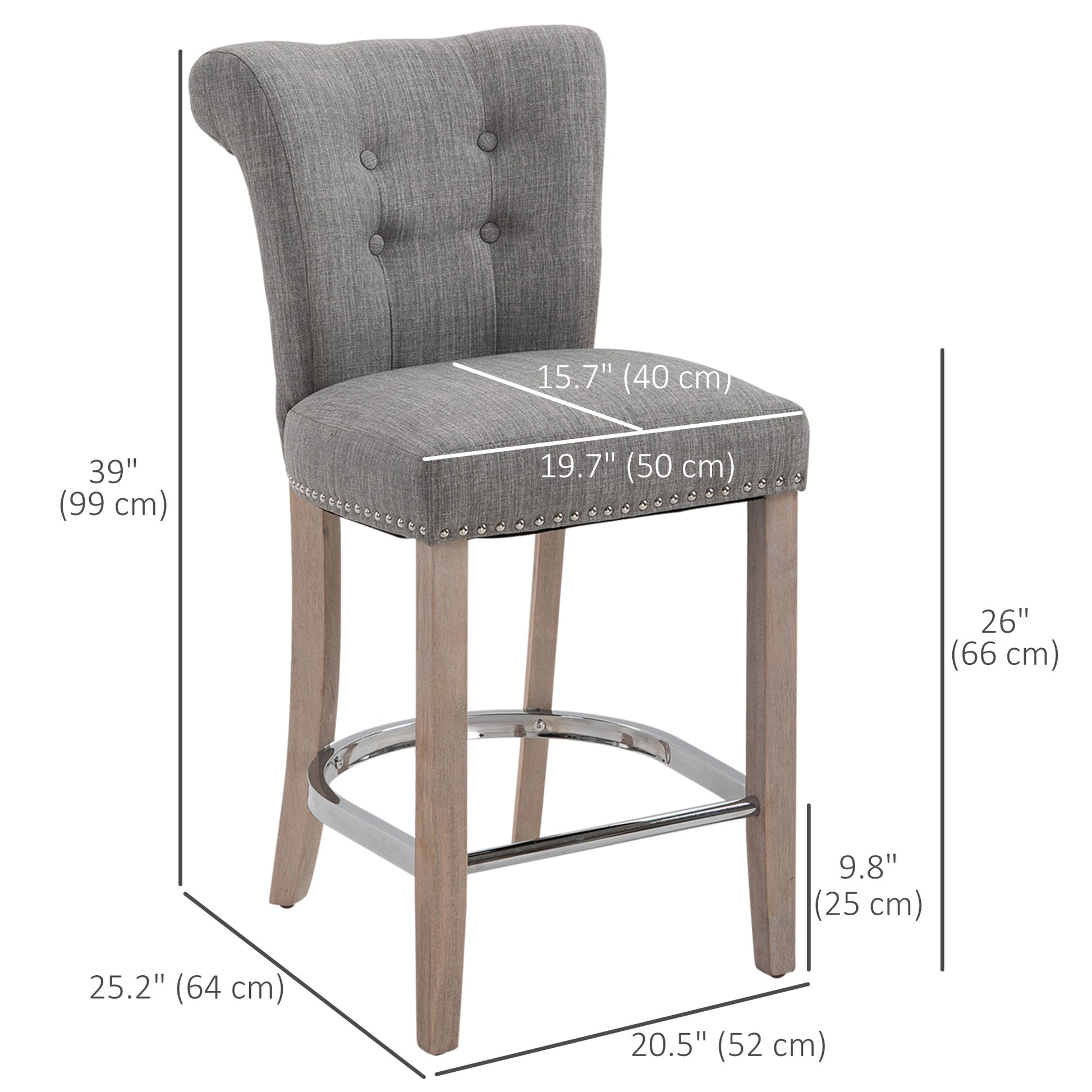 HOMCOM Grey Linen Counter Bar Stools, Set of 2, Solid Wood Legs