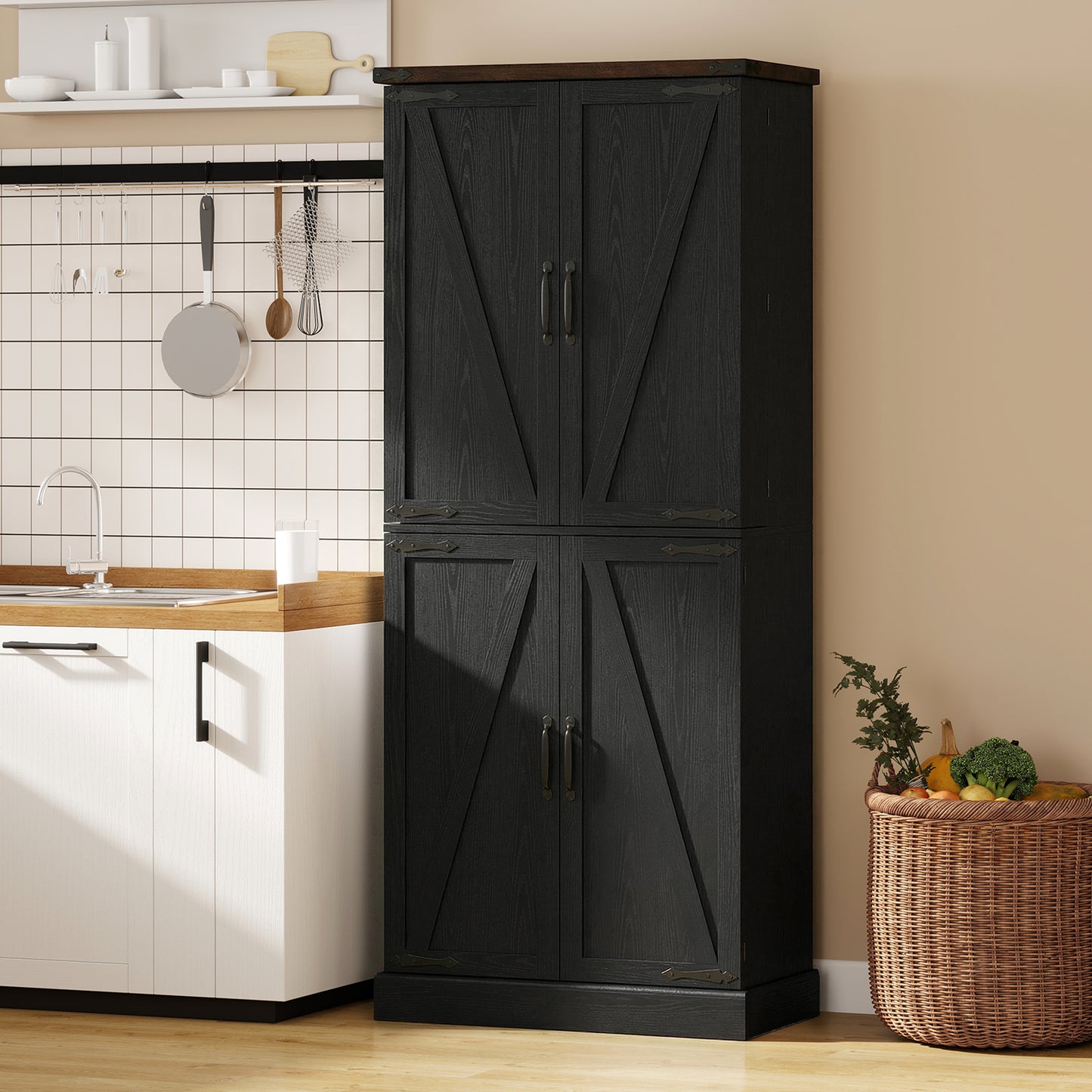 HOMCOM Tall Kitchen Pantry Cabinet Farmhouse Black