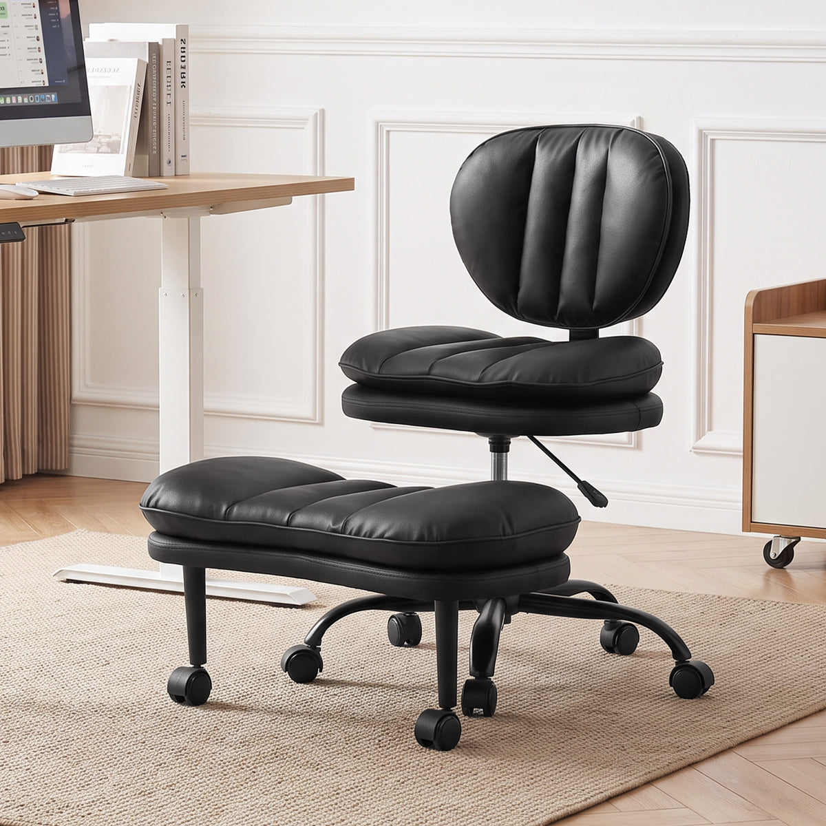 Ergonomic Cross Legged Office Chair with Detachable Footrest, Black