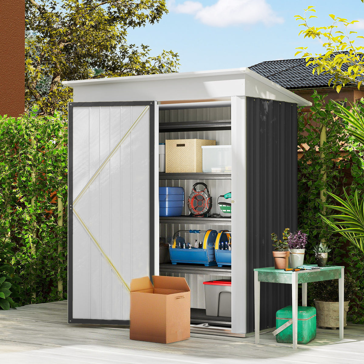 Outdoor Storage Shed, Steel Lean-to Shed with Adjustable Shelf, Lock, Gloves, 5'x3'x6' – Dark Grey