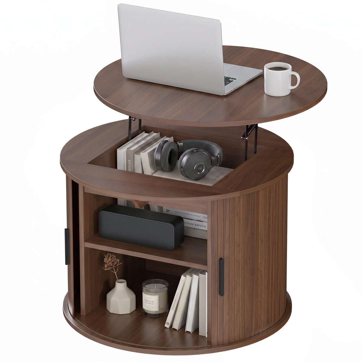 Round Fluted Lift-Top Coffee Table with Tambour Door Storage, Walnut