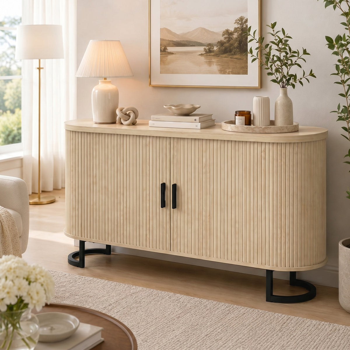 Modern Coffee Bar Cabinet with Sliding Doors and Adjustable Shelves – 55"W x 30"H