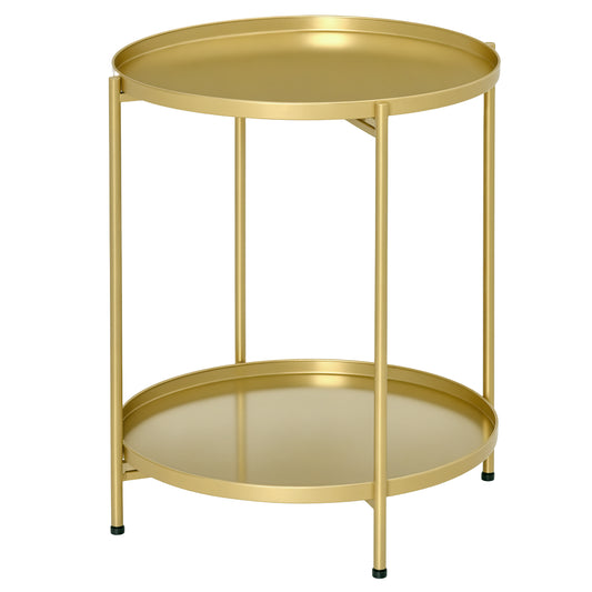 HOMCOM 2-Tier Gold Round Side Table Nightstand with Removable Trays, Folding Metal Frame