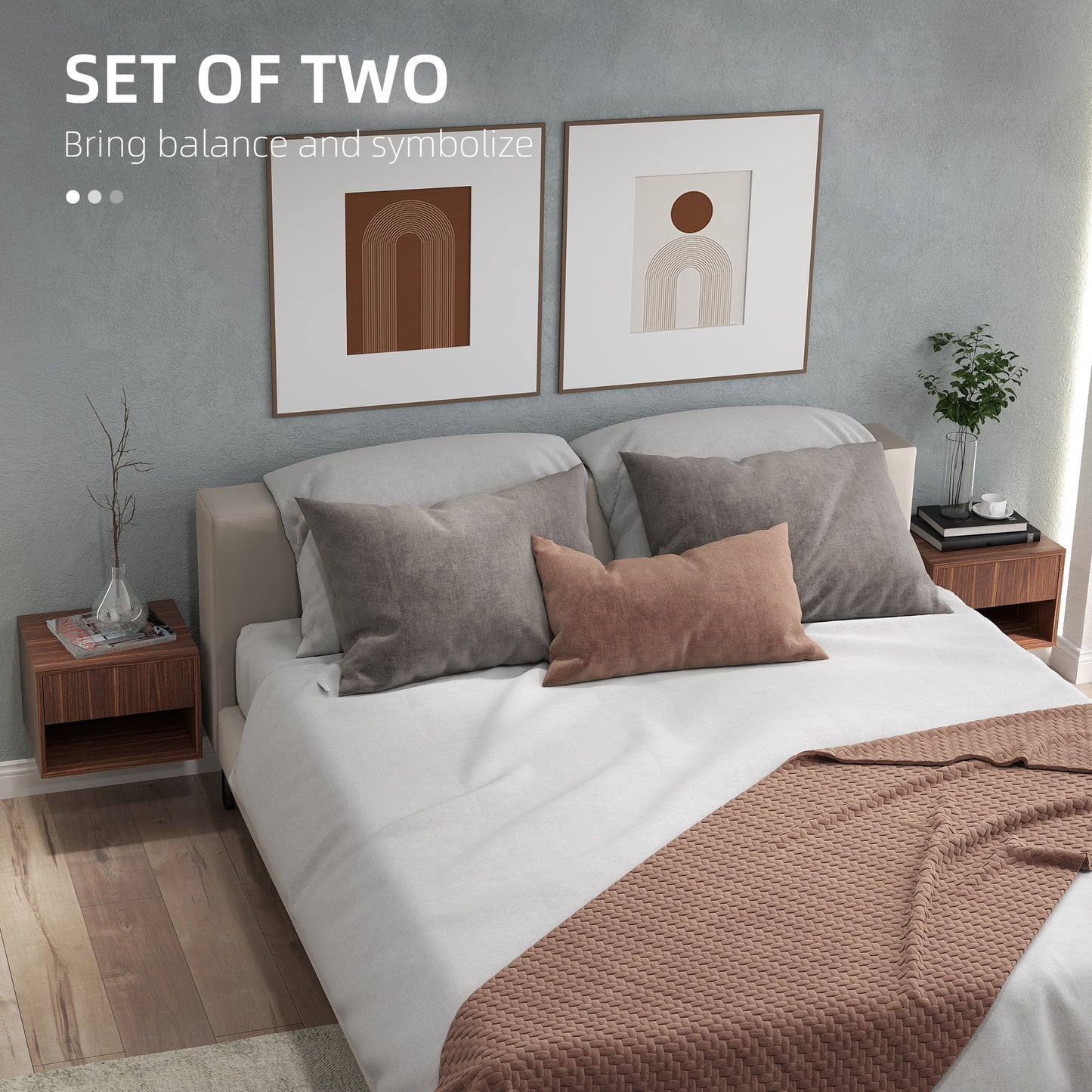 HOMCOM Floating Wall Mounted Nightstands Set of 2 with Drawer, Brown Finish