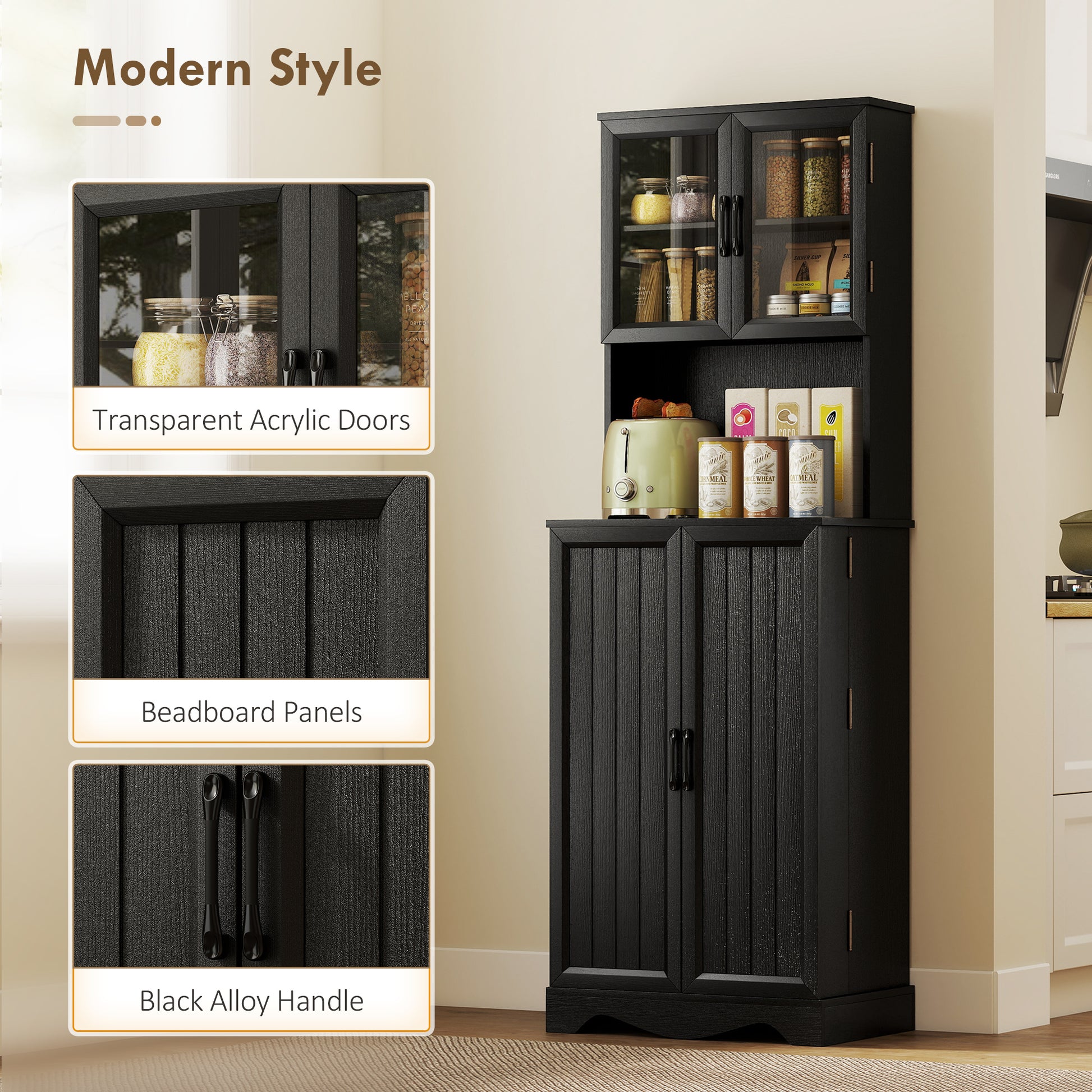 HOMCOM Kitchen Pantry Cabinet Freestanding With Acrylic Doors Black