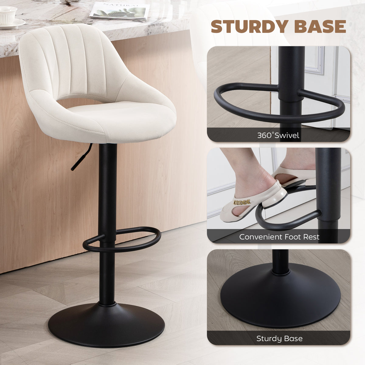 Velvet Swivel Counter Stools with Cutout Back, Set of 2, Cream White