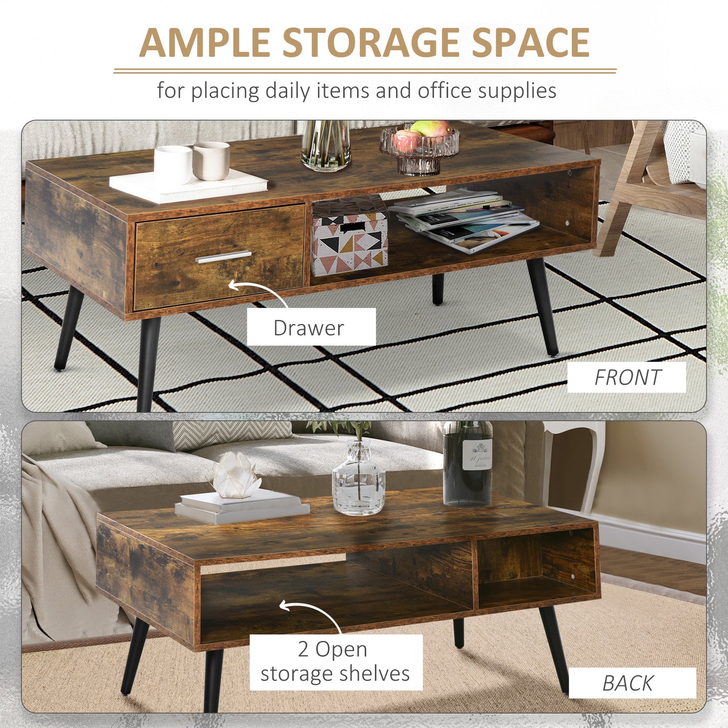 HOMCOM Retro Industrial Coffee Table with Storage Drawer & Shelf, Rustic Brown Wood