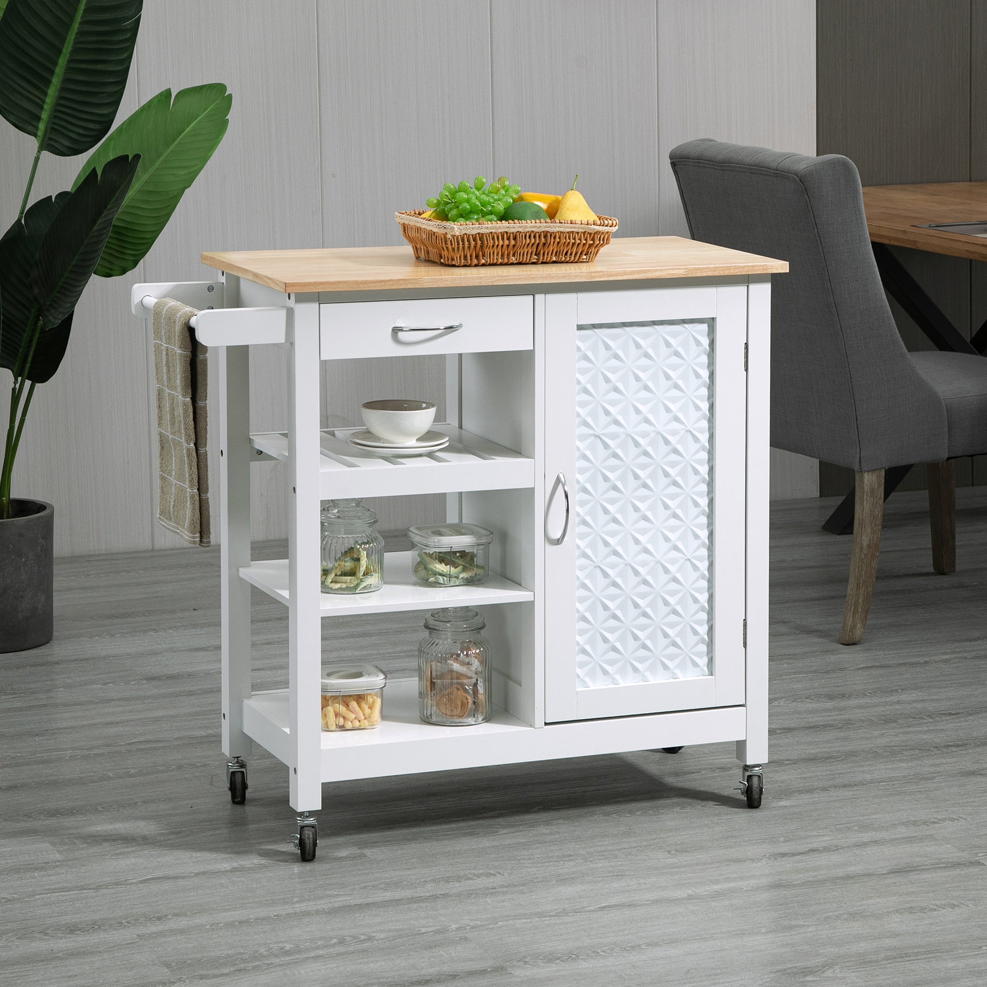 HOMCOM Kitchen Cart with Embossed Door Panel and Wheels, White