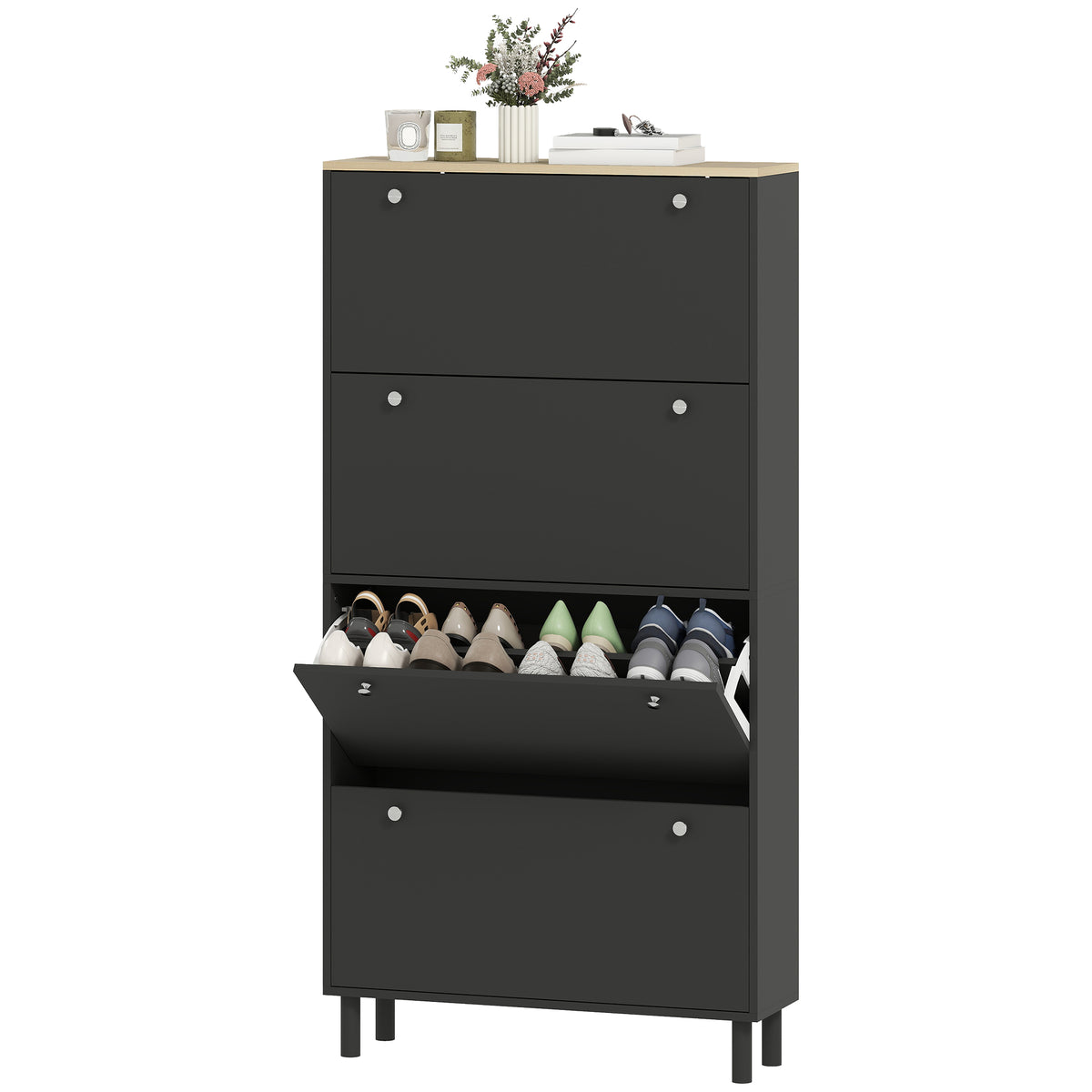 Narrow Shoe Cabinet with 4 Flip Drawers – 31"W x 62"H