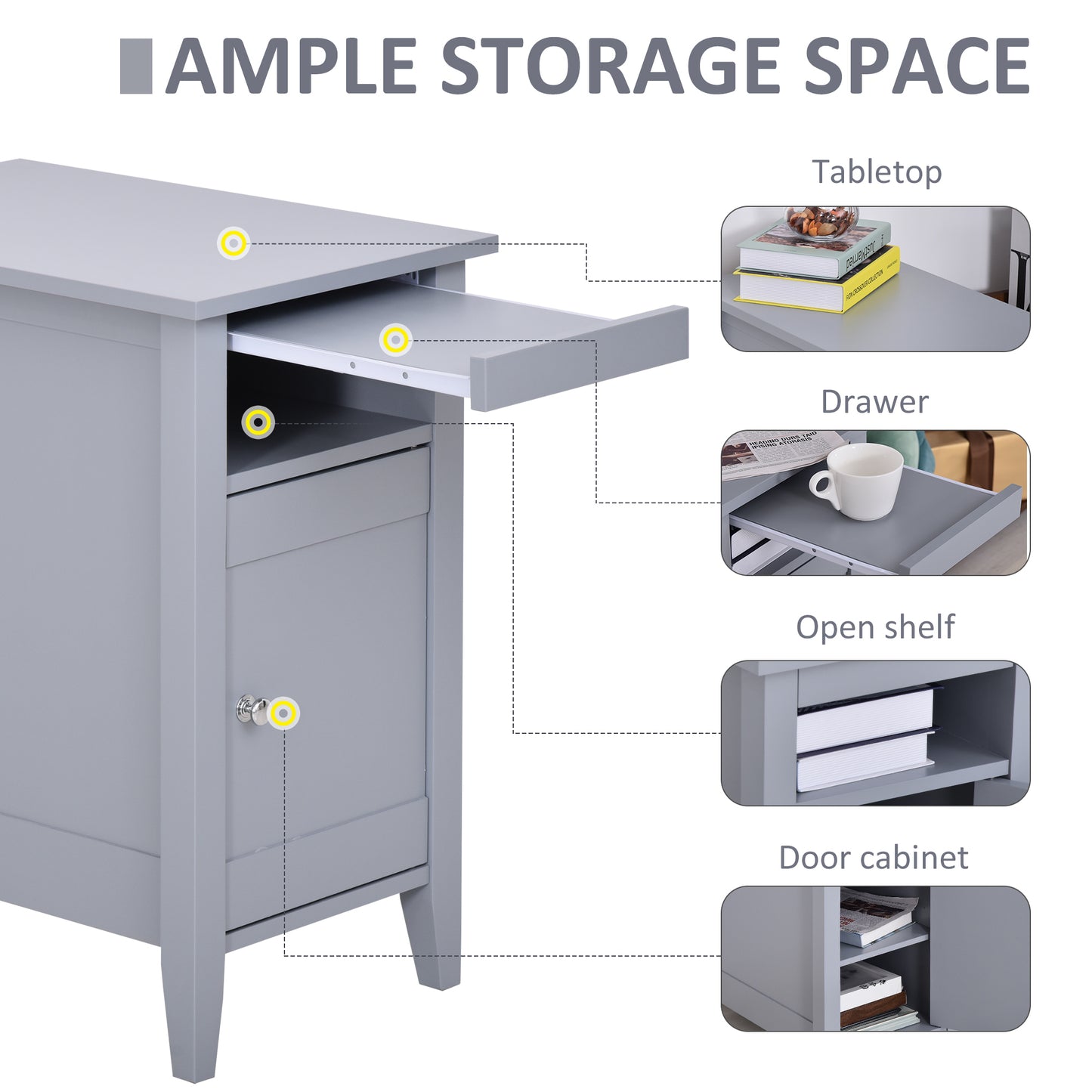 Modern Grey Wooden Nightstand with Pullout Tray, 3-Tier Adjustable Storage Cabinet