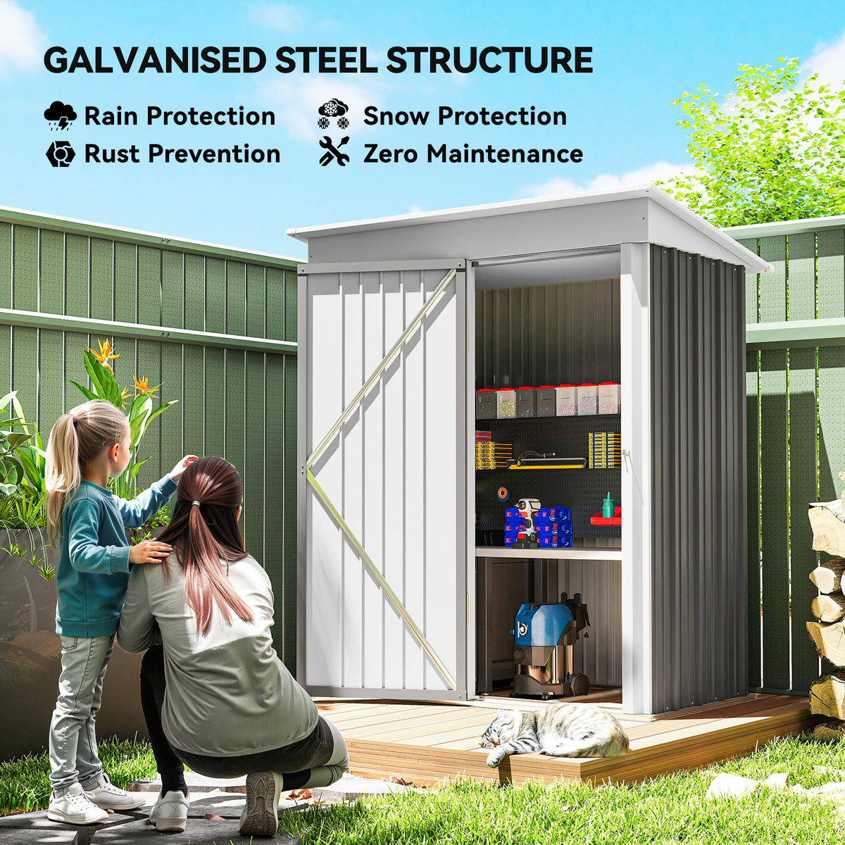 Outdoor Storage Shed, Steel Lean-to Shed with Adjustable Shelf, Lock, Gloves, 5'x3'x6' – Grey
