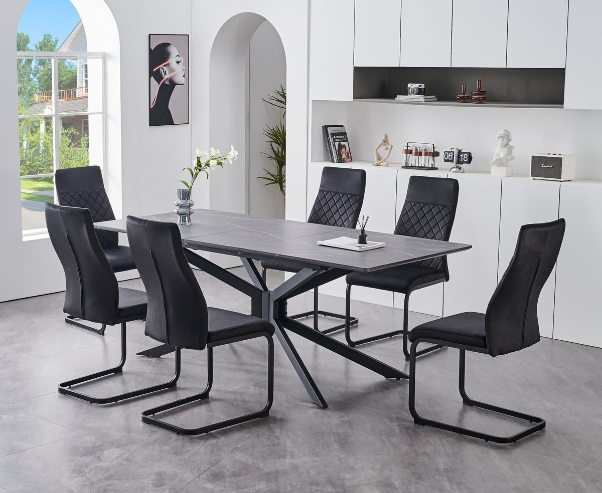 Extendable Grey Marble Dining Set with Black X-Base