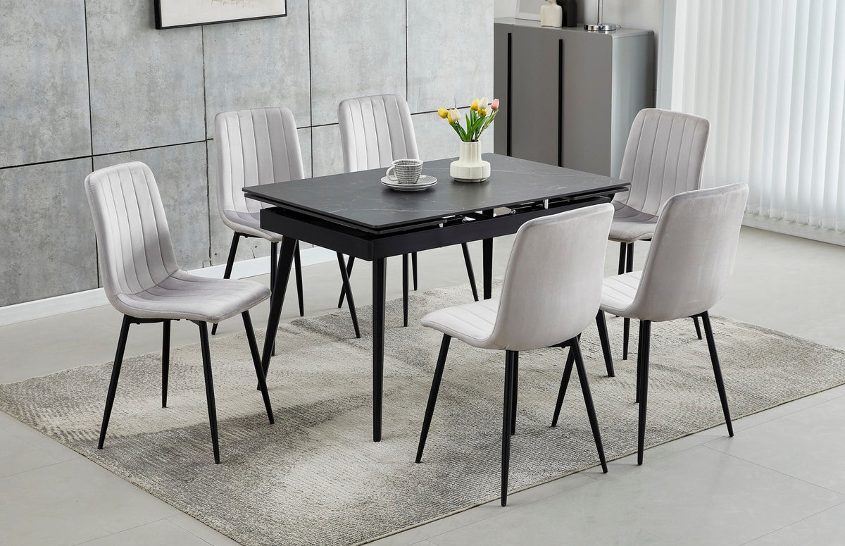 Extendable Sintered Stone Dining Set with Stitched Velvet Chairs