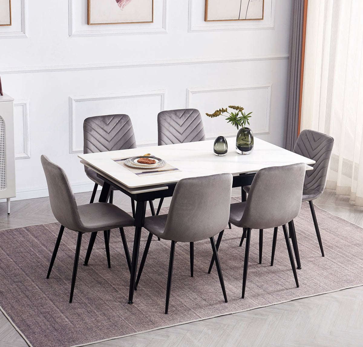 Extendable Sintered Stone Dining Set with Grey Velvet Chairs
