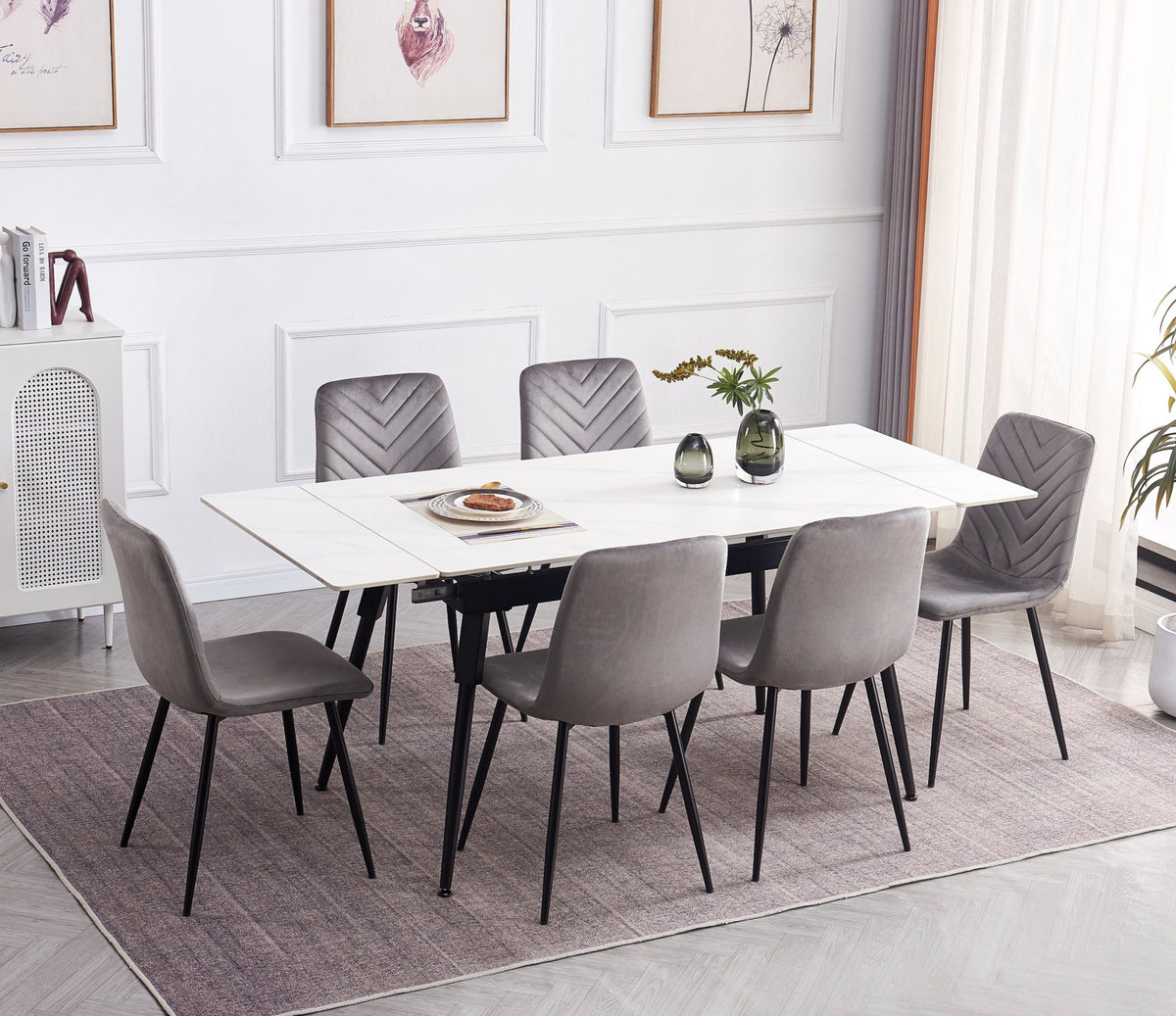 Extendable Sintered Stone Dining Set with Grey Velvet Chairs