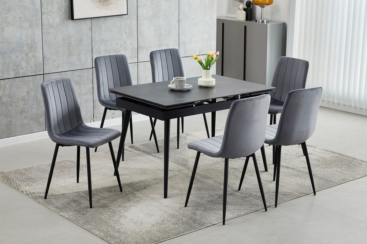 Extendable Sintered Stone Dining Set with Stitched Velvet Chairs
