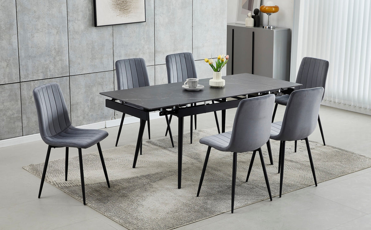 Extendable Sintered Stone Dining Set with Stitched Velvet Chairs