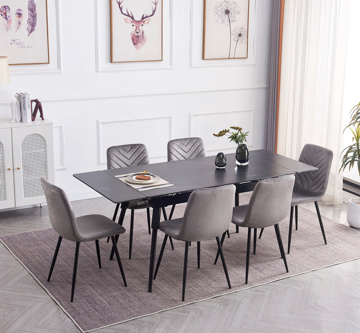 Extendable Sintered Stone Dining Set with Grey Velvet Chairs