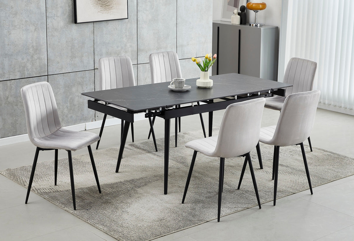 Extendable Sintered Stone Dining Set with Stitched Velvet Chairs