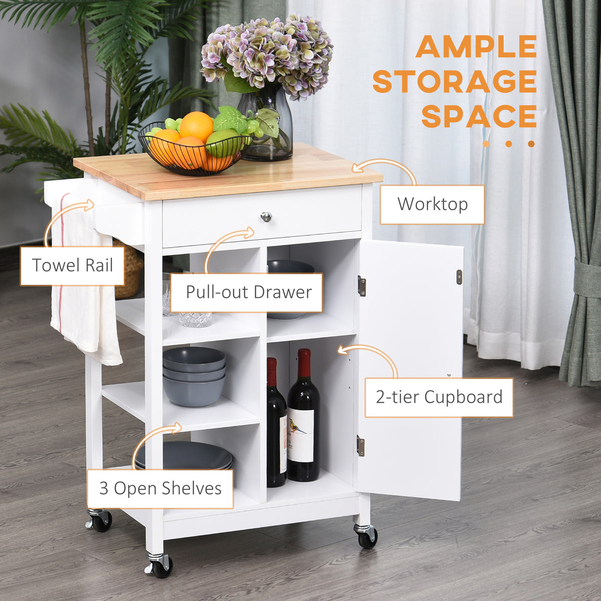 Modern Rolling Kitchen Island Cart with Drawer – 26"W x 34"H