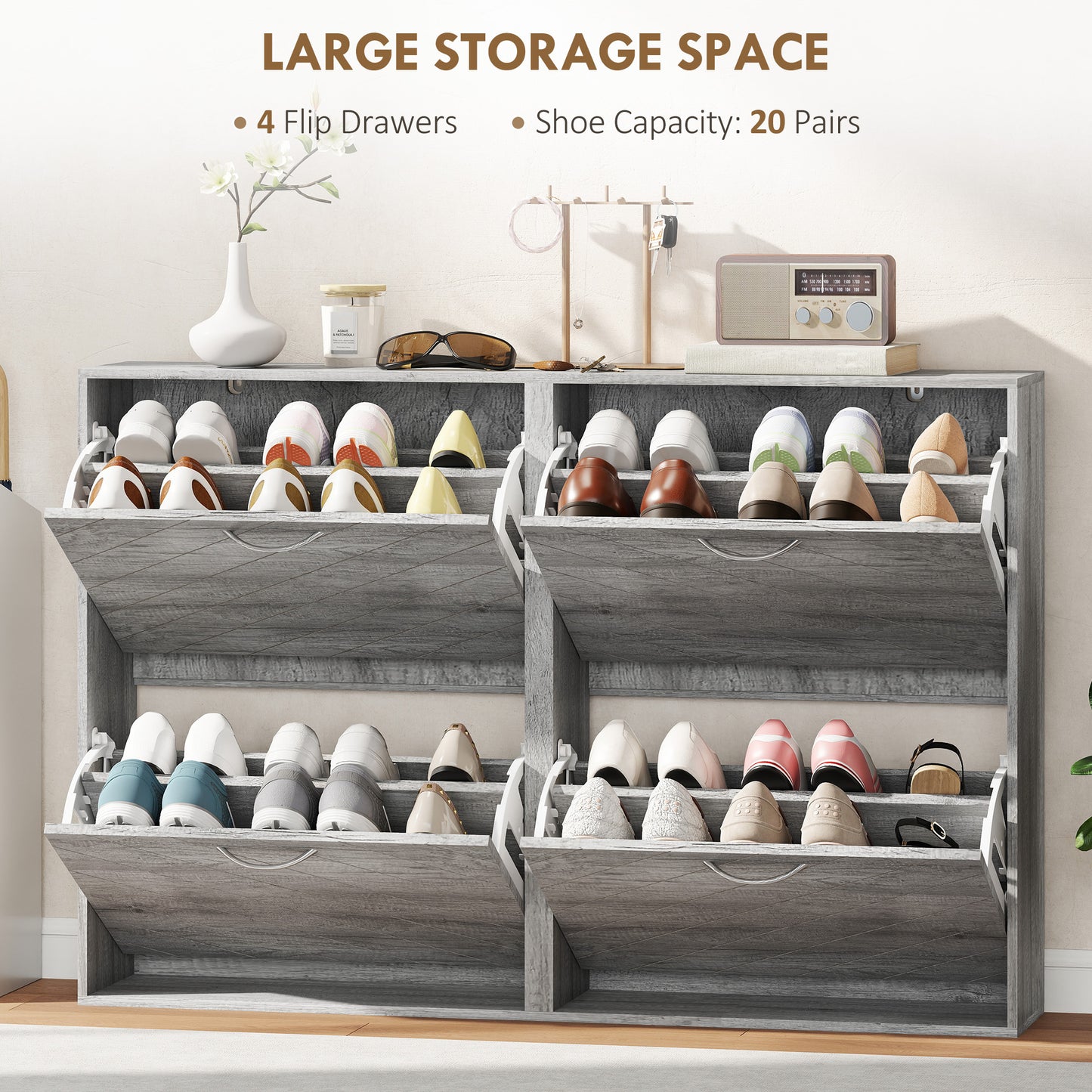 HOMCOM Slim Grey 4-Drawer Flip Shoe Cabinet 12 Pair Entryway Organizer