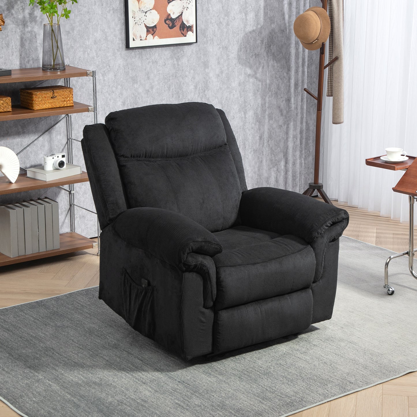 HOMCOM Manual Recliner Chair with Vibration Massage, Side Pockets, Corduroy, Black