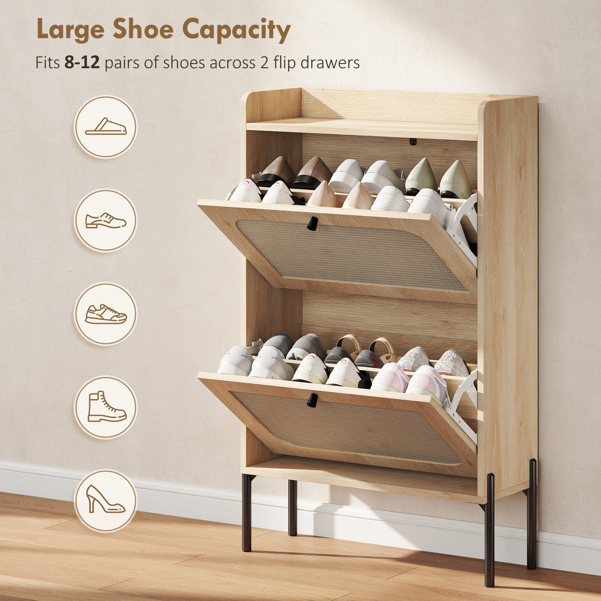 Shoe Cabinet with 2 Flip Drawers – 24"W x 39"H