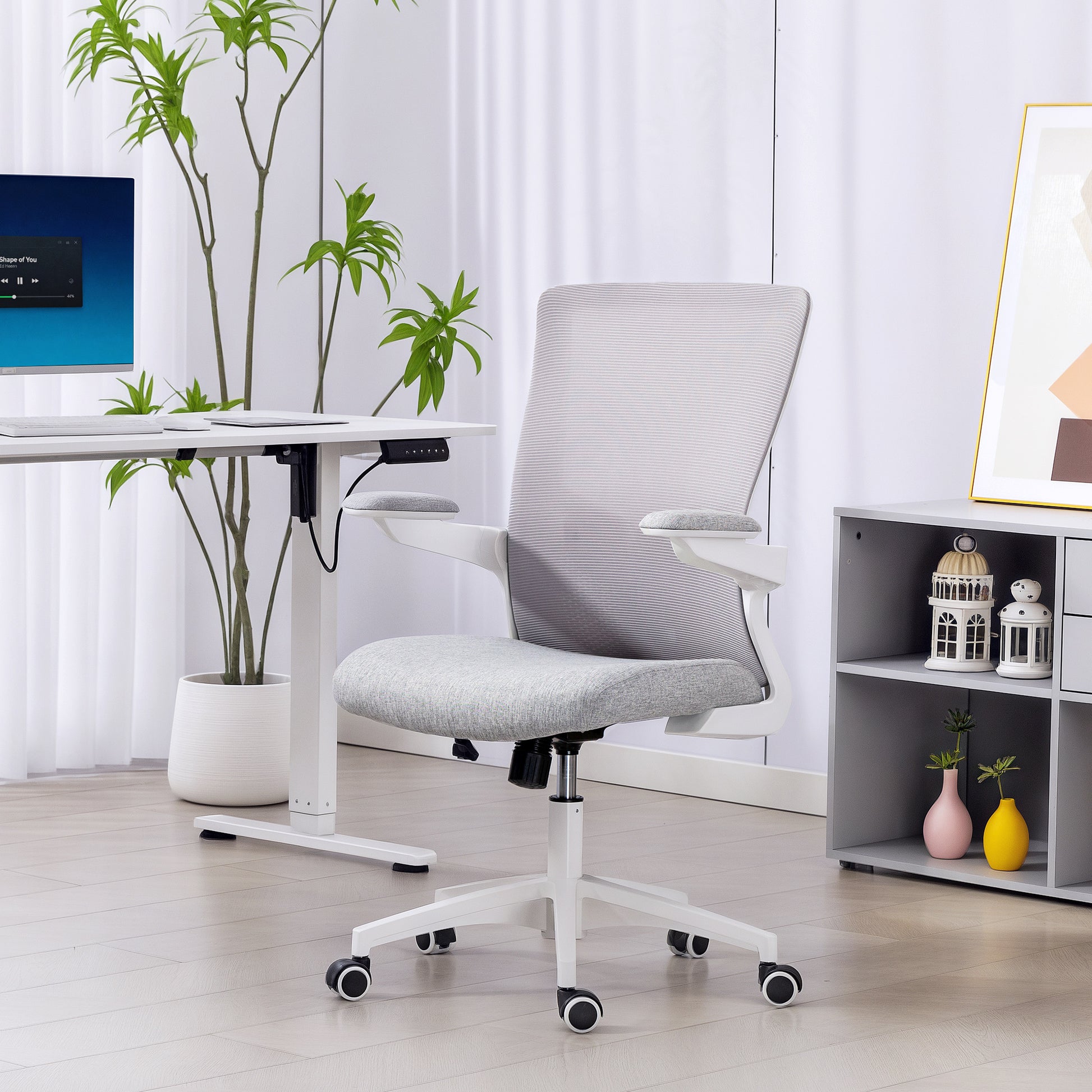 Ergonomic Swivel Office Chair with Adjustable Lumbar Support, Flip-Up Armrests, Wheels