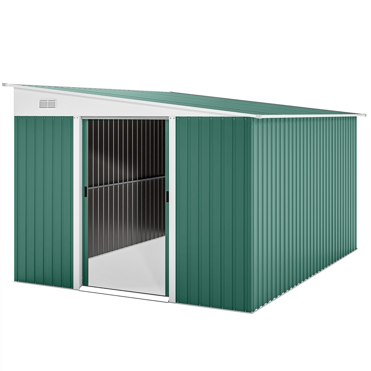 11' x 9' Steel Garden Storage Shed, Outdoor Metal Tool House with Double Sliding Doors – Green