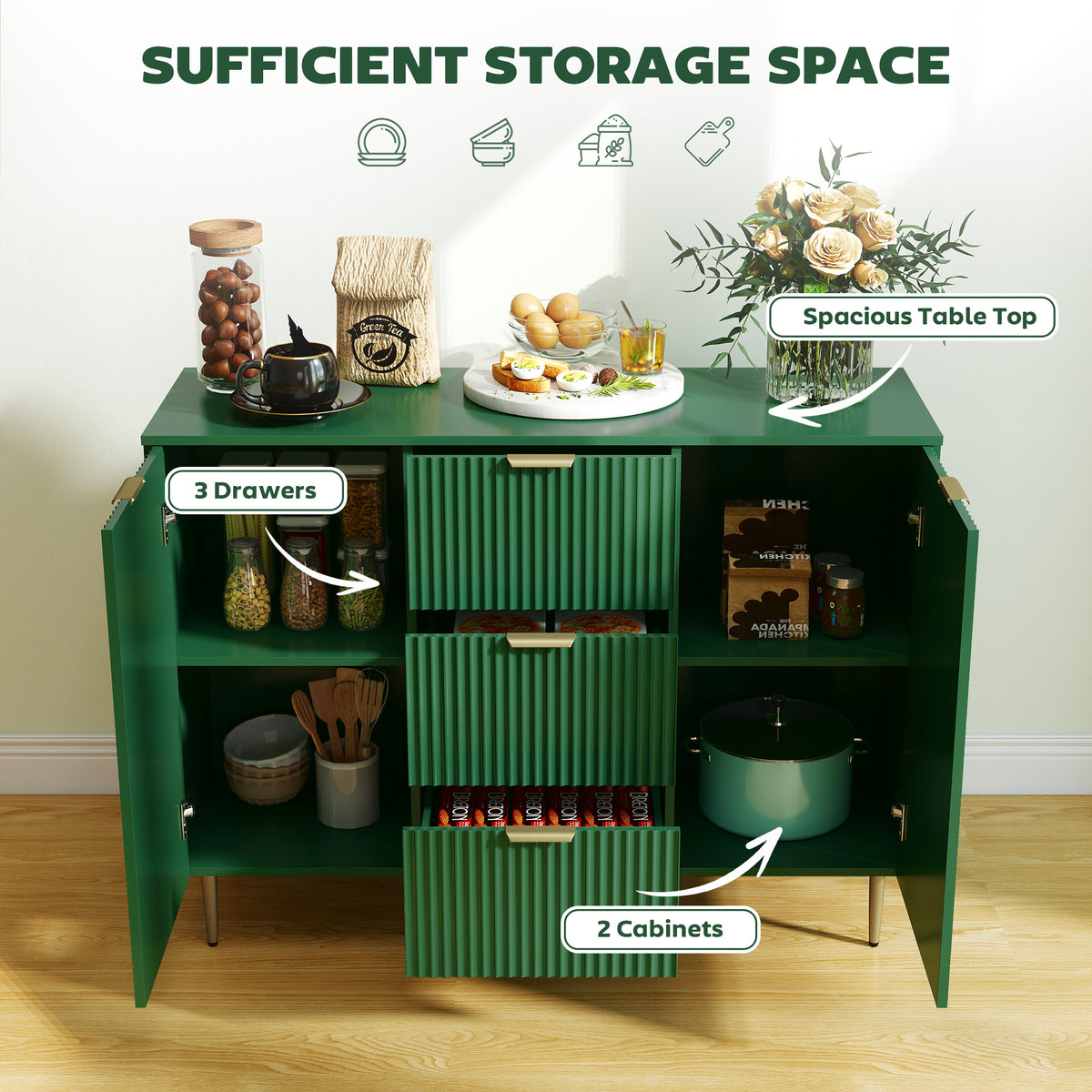 Sideboard Buffet Cabinet with 3 Drawers and Adjustable Shelves – 47"W x 35"H