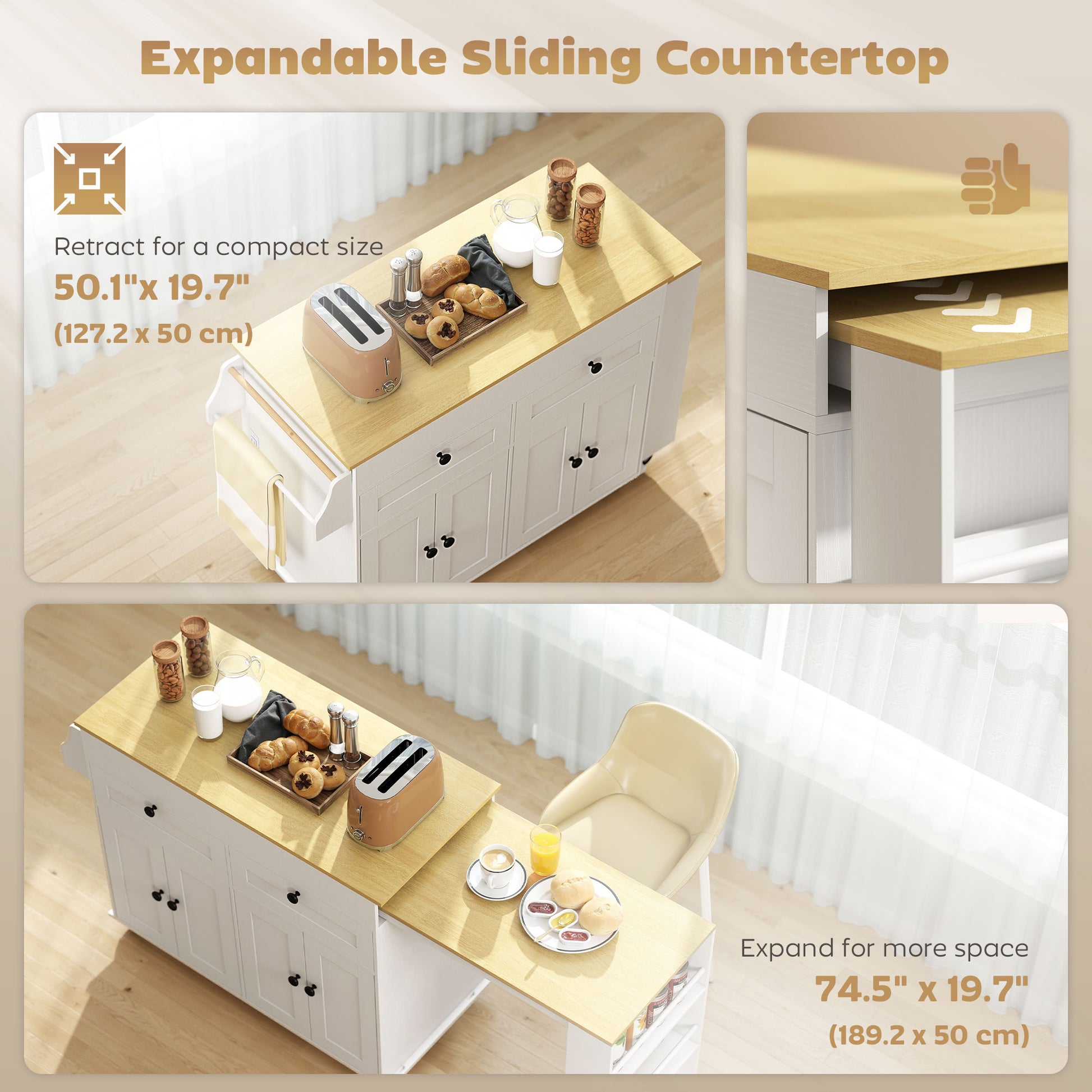 HOMCOM Kitchen Island with Expandable Sliding Top, Rolling Cart White