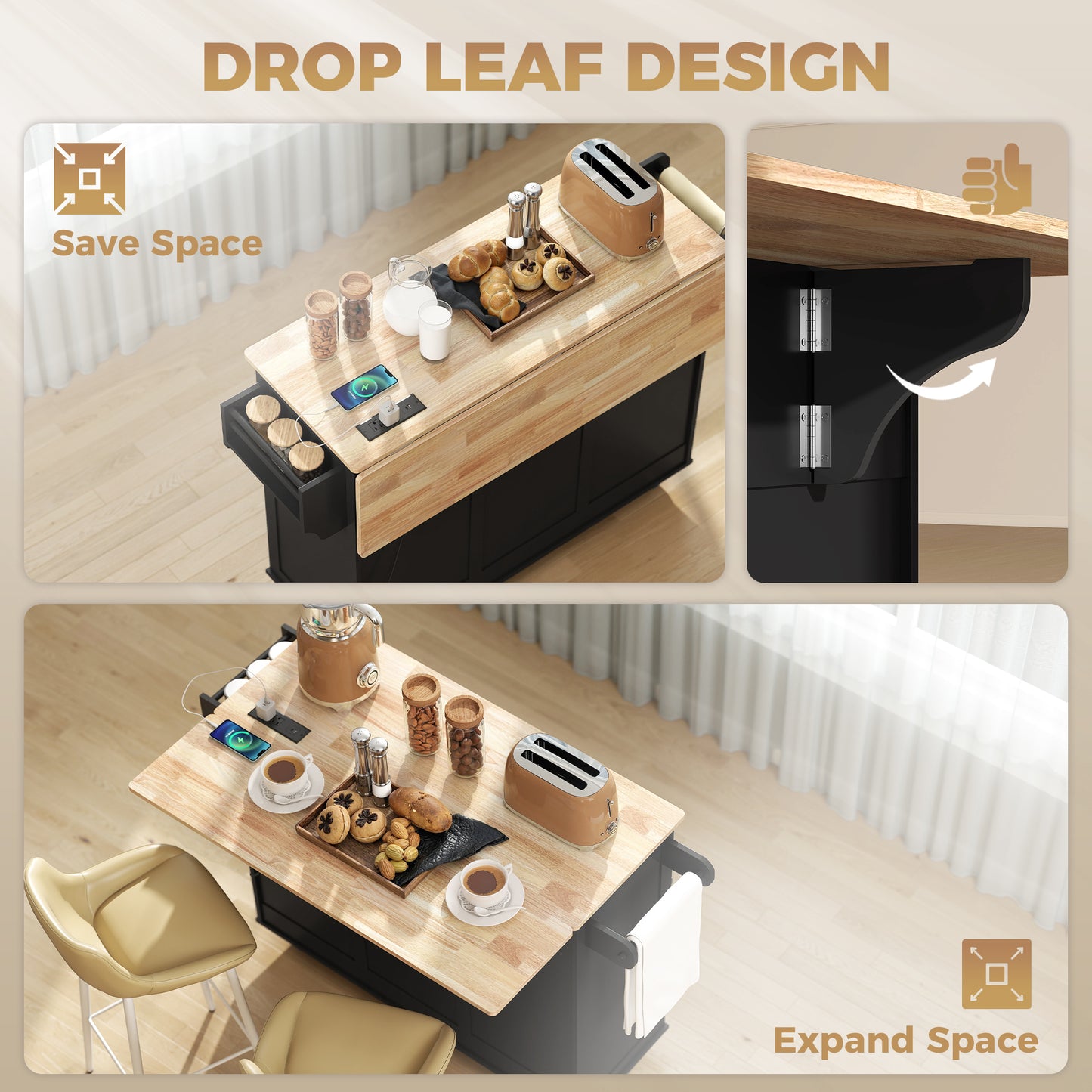HOMCOM Kitchen Island with Drop Leaf, Charging Station, Black
